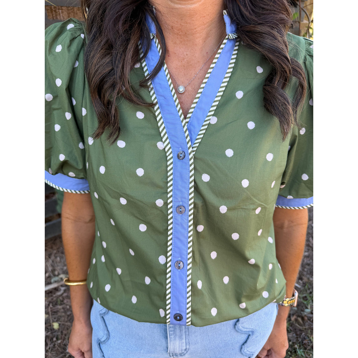 Olive Polka Dot Puff Sleeve Top