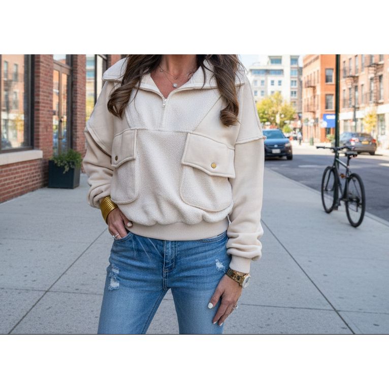 Person wearing a beige fleece jacket standing on a sidewalk in the city.