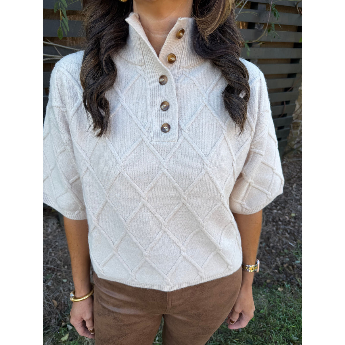 Ecru Diamond Textured Sweater Top