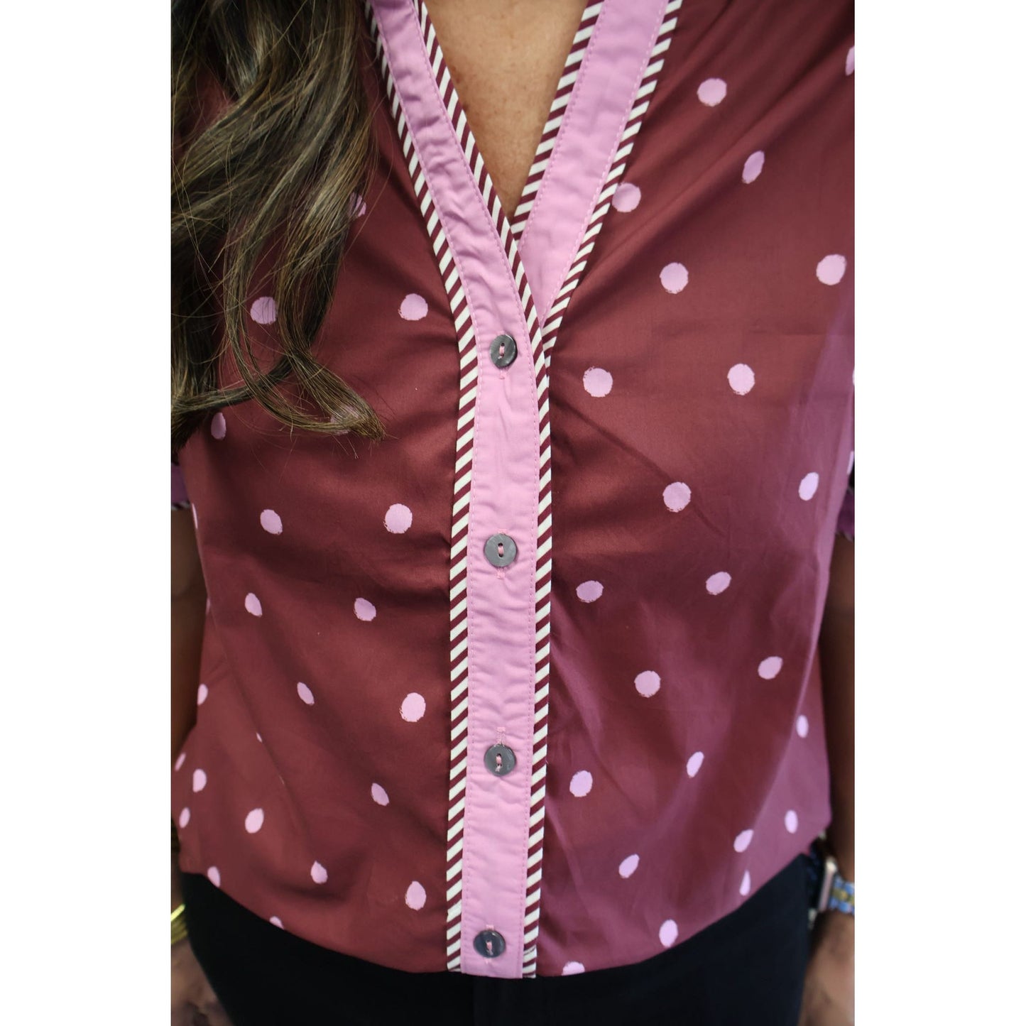 Burgundy Polka Dot V-Neck Top