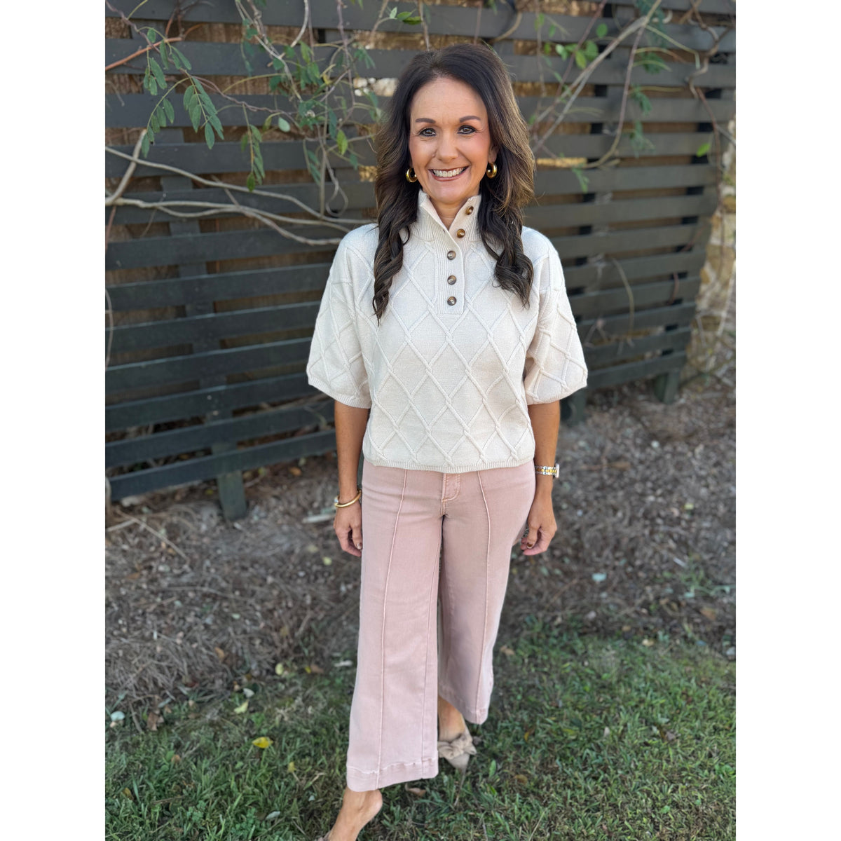 Ecru Diamond Textured Sweater Top