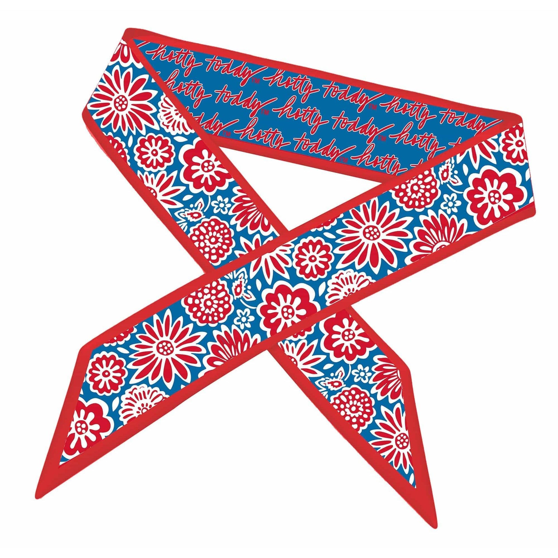 A red and blue patterned scarf with white floral motifs and the word 'Austin' repeated in script, shown on a plain white background.
