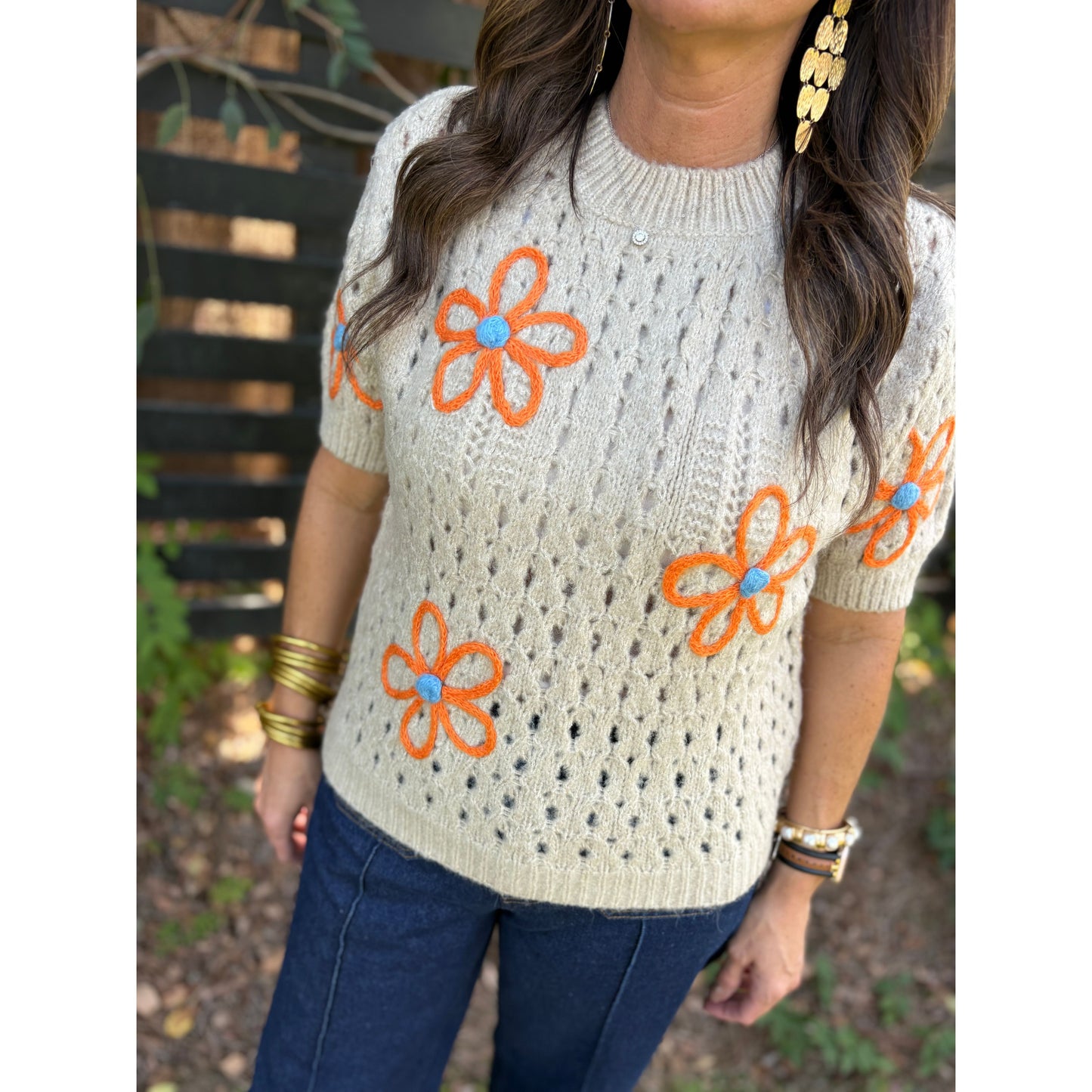 Embroidered Flower Short Sleeve Sweater