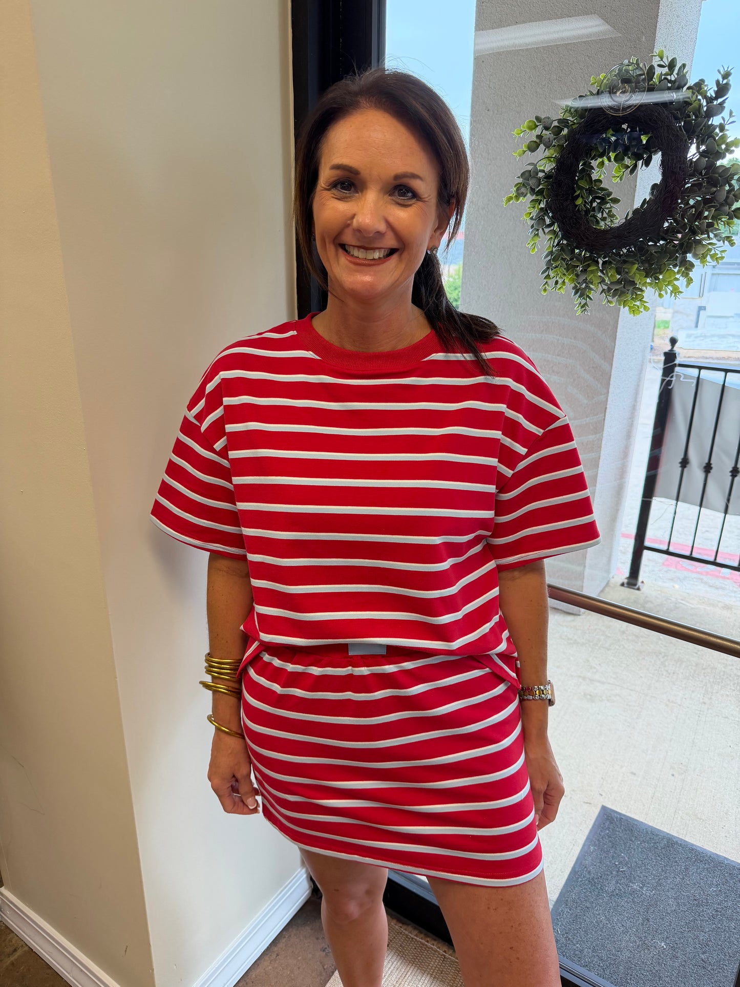 Red & Powder Blue Striped Top & Skort Set