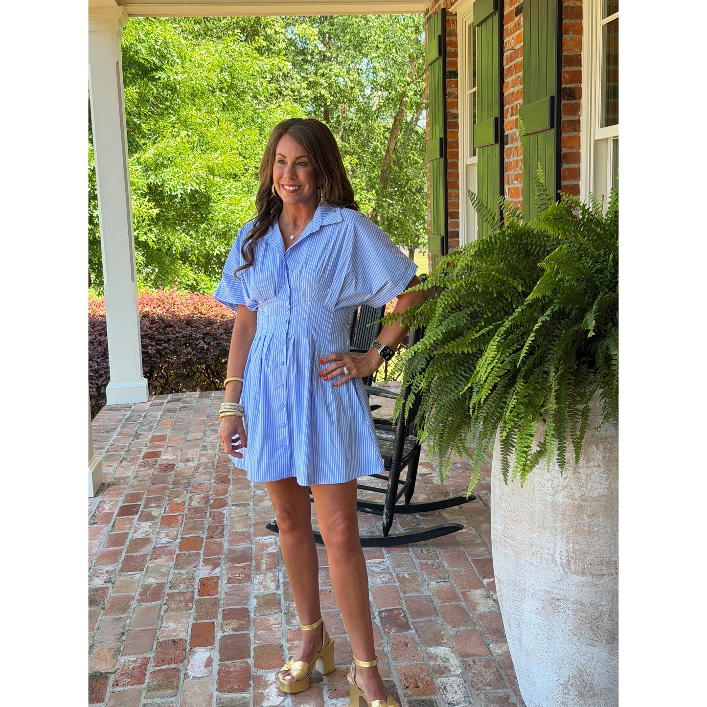 Striped Button Down Pleated Dress