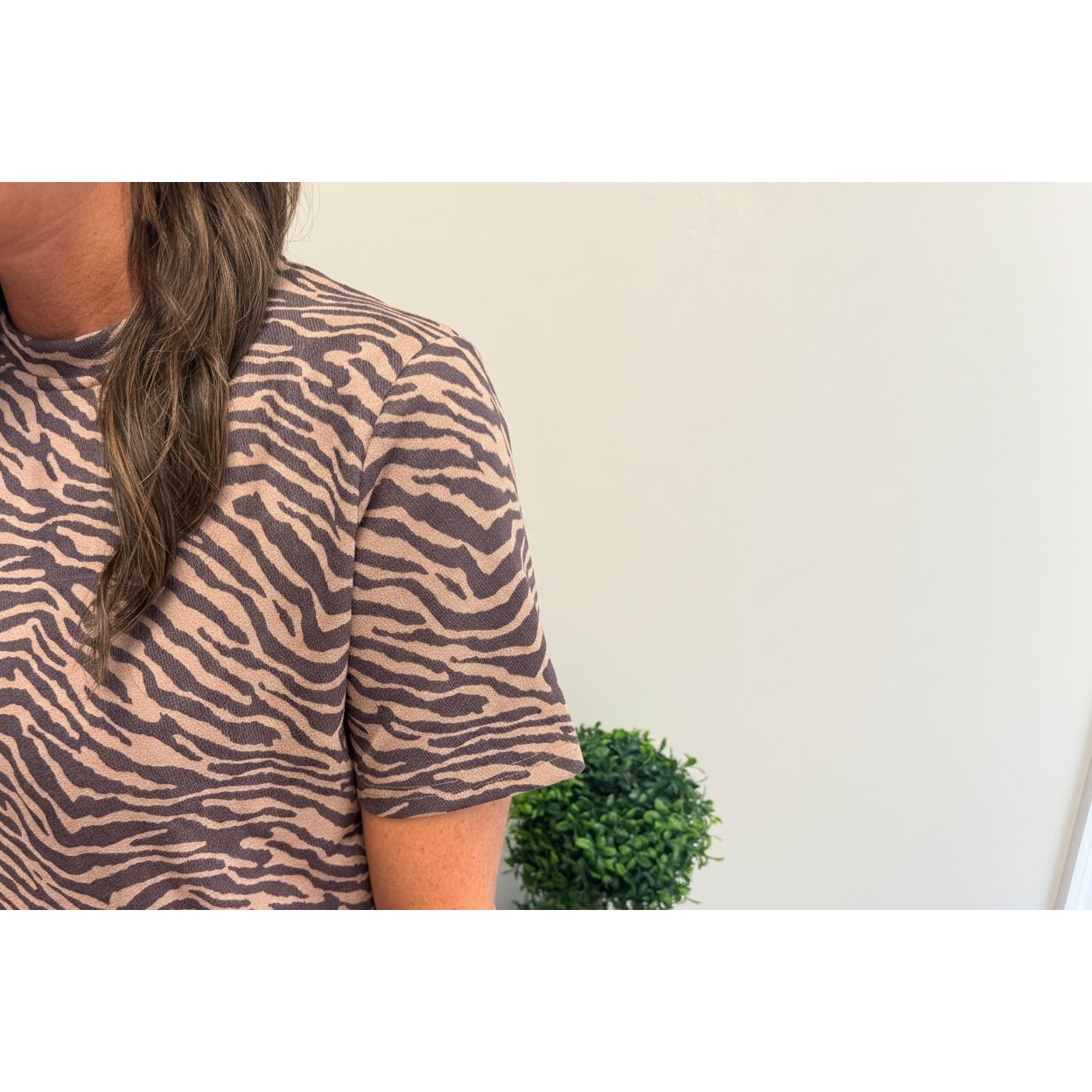 A close-up of a person wearing a short-sleeve crewneck top with a brown and beige zebra print pattern, standing indoors next to a green topiary tree.