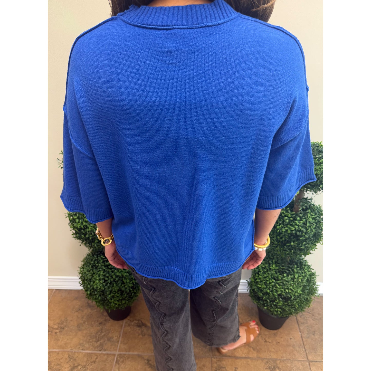A person viewed from the back wearing a bright royal blue knit sweater with elbow-length sleeves and a ribbed crew neck, paired with dark gray pants, standing indoors between potted green plants.
