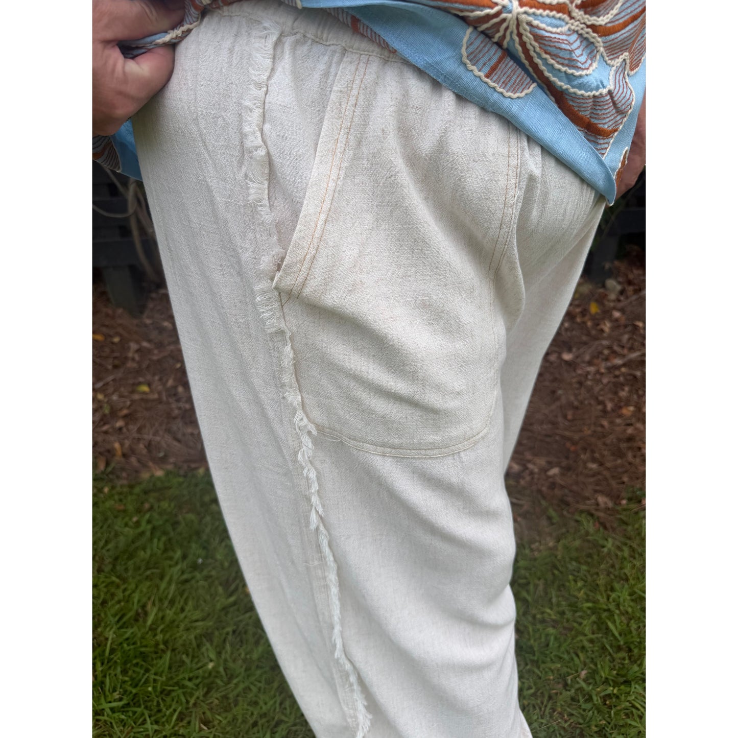 Curvy Oatmeal Linen Frayed Side Pocket Wide Leg Pants