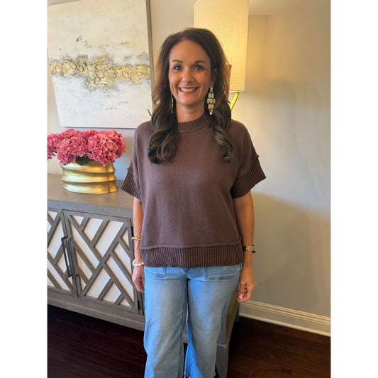 Drop Half-Sleeve Crew Neck Sweater Top - Brown