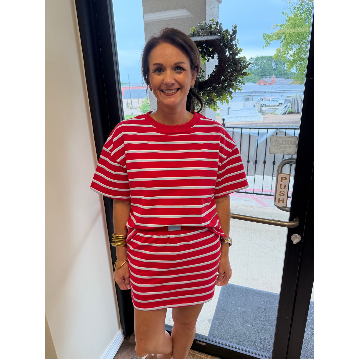 Red & Powder Blue Striped Top & Skort Set