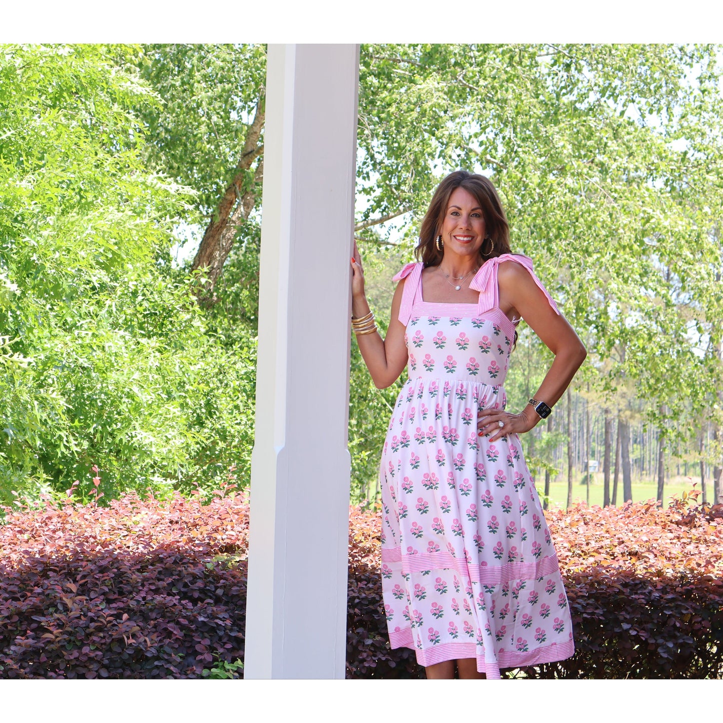 Floral Print Midi Dress with Tie Shoulder Straps - Pink