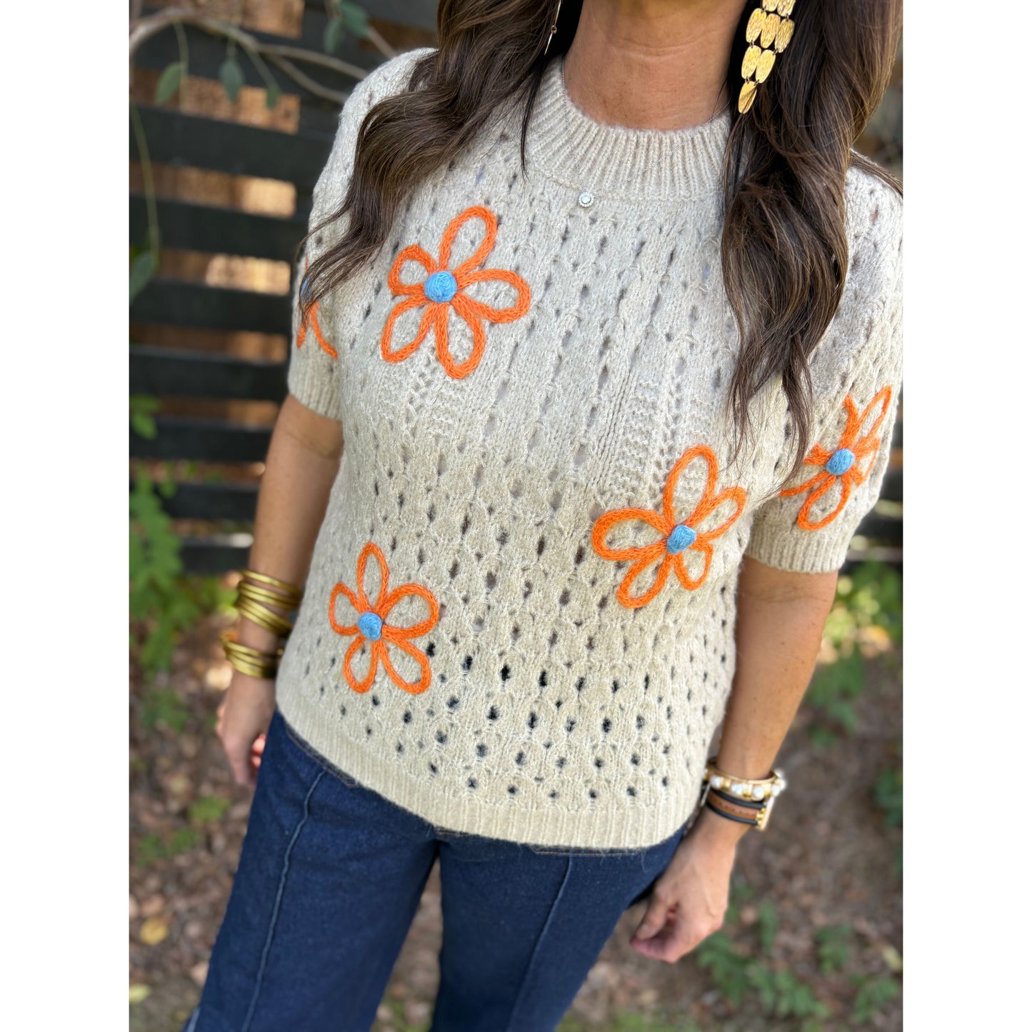 Embroidered Flower Short Sleeve Sweater