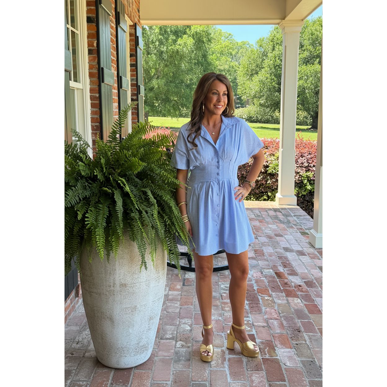 Striped Button Down Pleated Dress