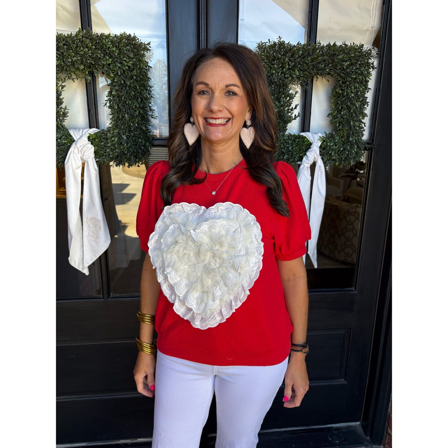Valentine Lace Heart Puff Sleeve Top