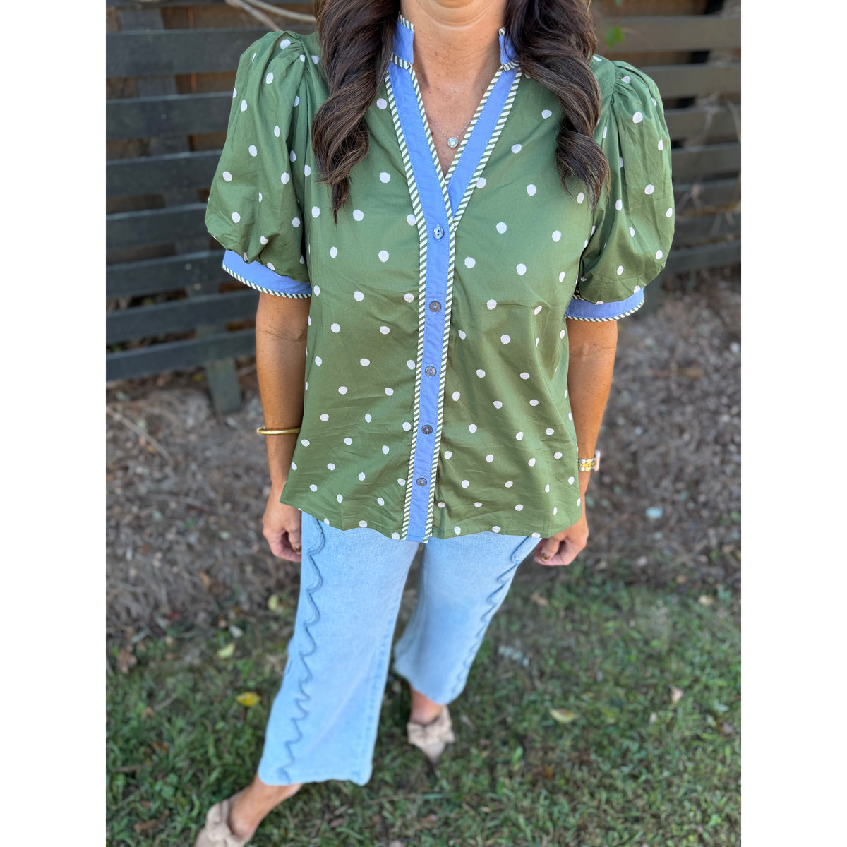Olive Polka Dot Puff Sleeve Top