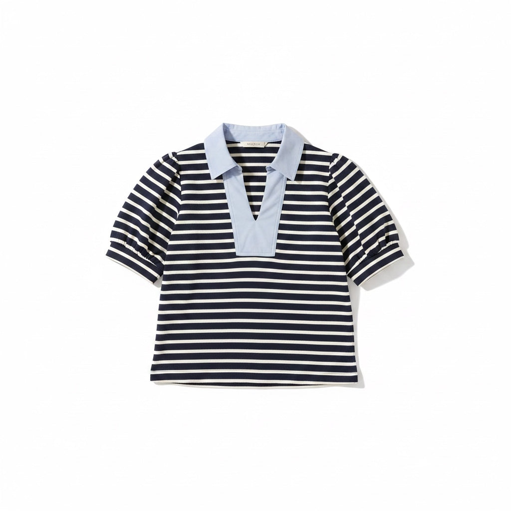 Navy Striped V-Neck Collared Top