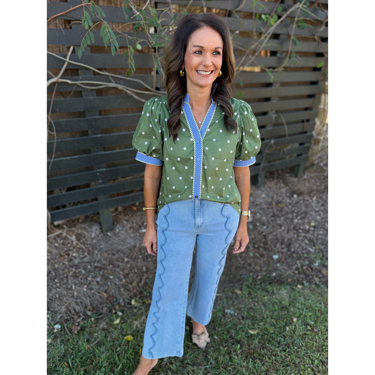 Olive Polka Dot Puff Sleeve Top