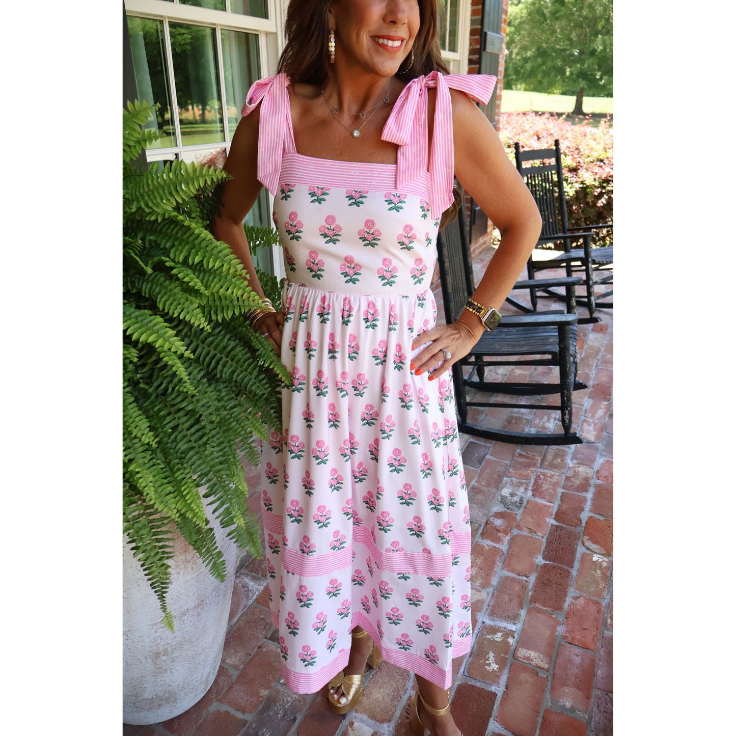 Floral Print Midi Dress with Tie Shoulder Straps - Pink