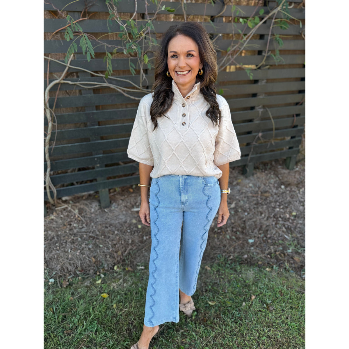 Ecru Diamond Textured Sweater Top