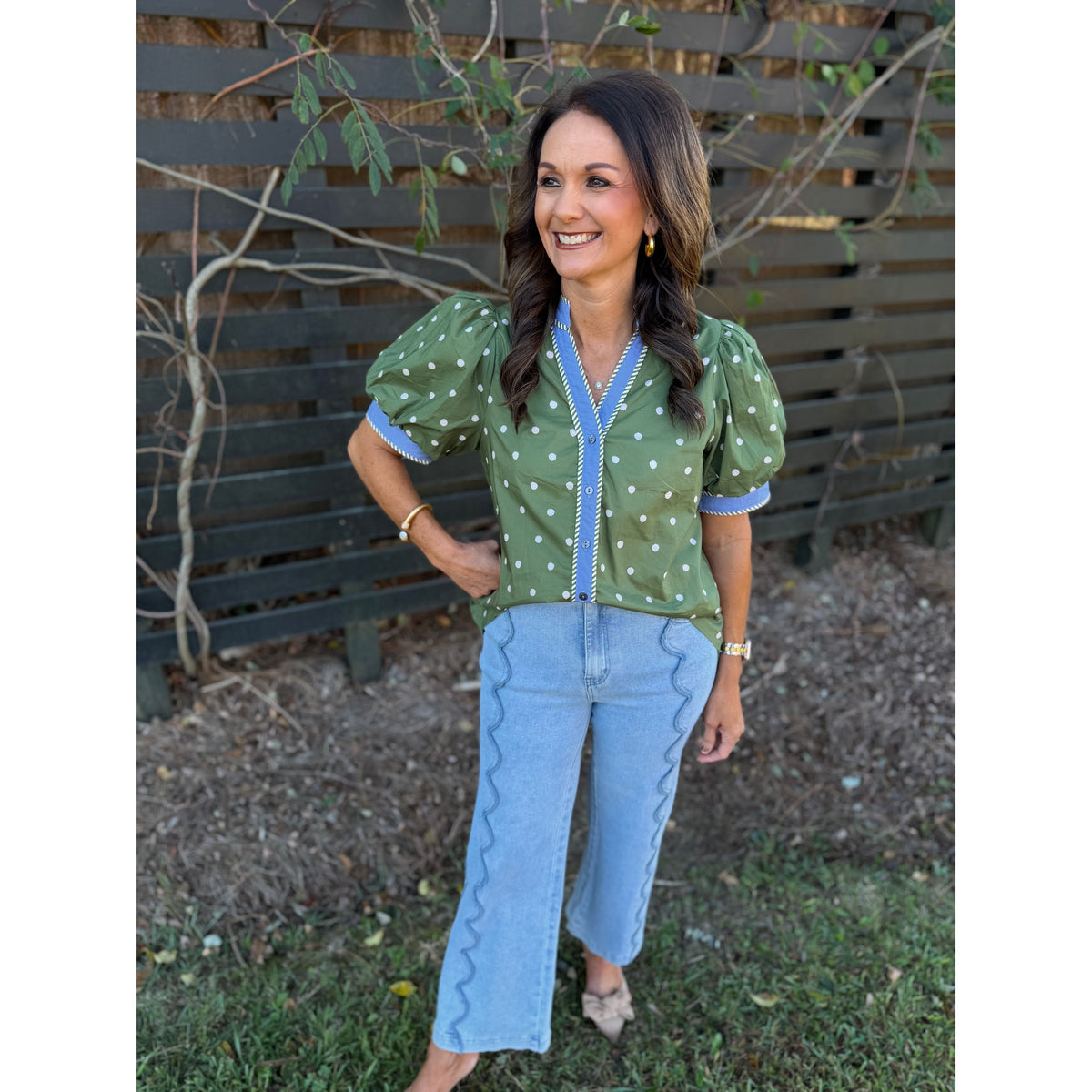 Olive Polka Dot Puff Sleeve Top