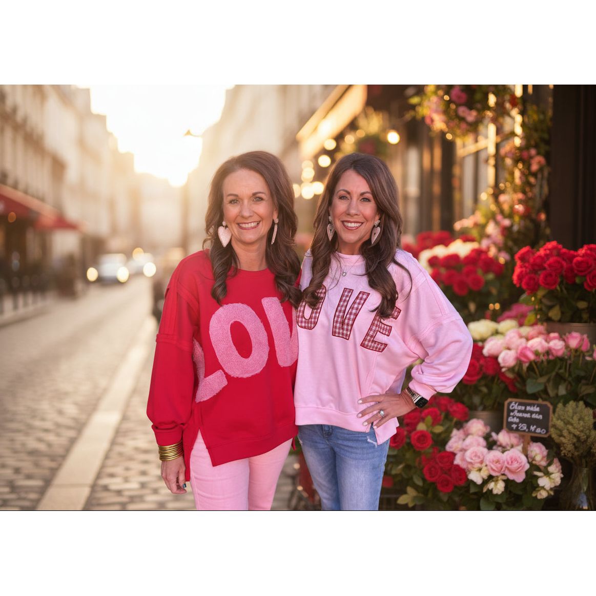 Two women wearing 'LOVE' sweatshirts standing in a street with flowers.