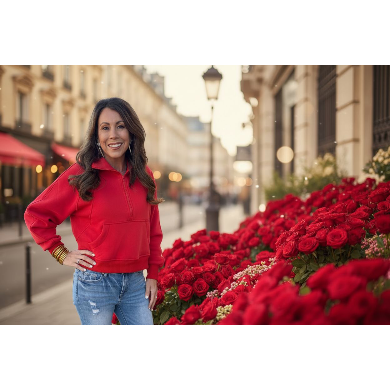 Woman wearing a red sweatshirt and blue jeans standing outside a building by a bunch of roses.