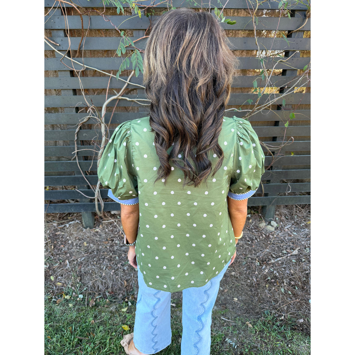 Olive Polka Dot Puff Sleeve Top