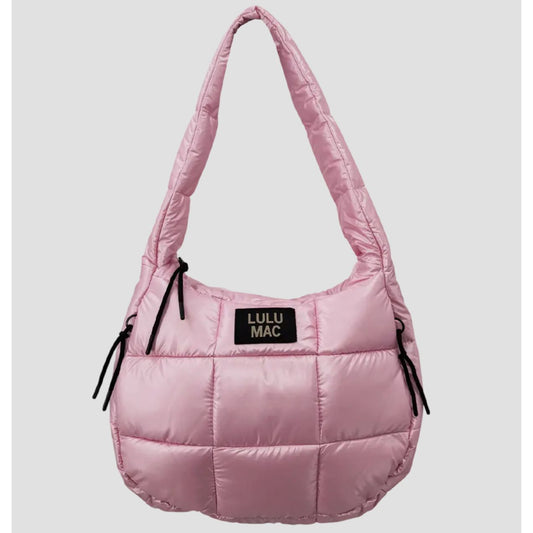 Pink puffer bag with 'LULU MAC' label on a light gray background