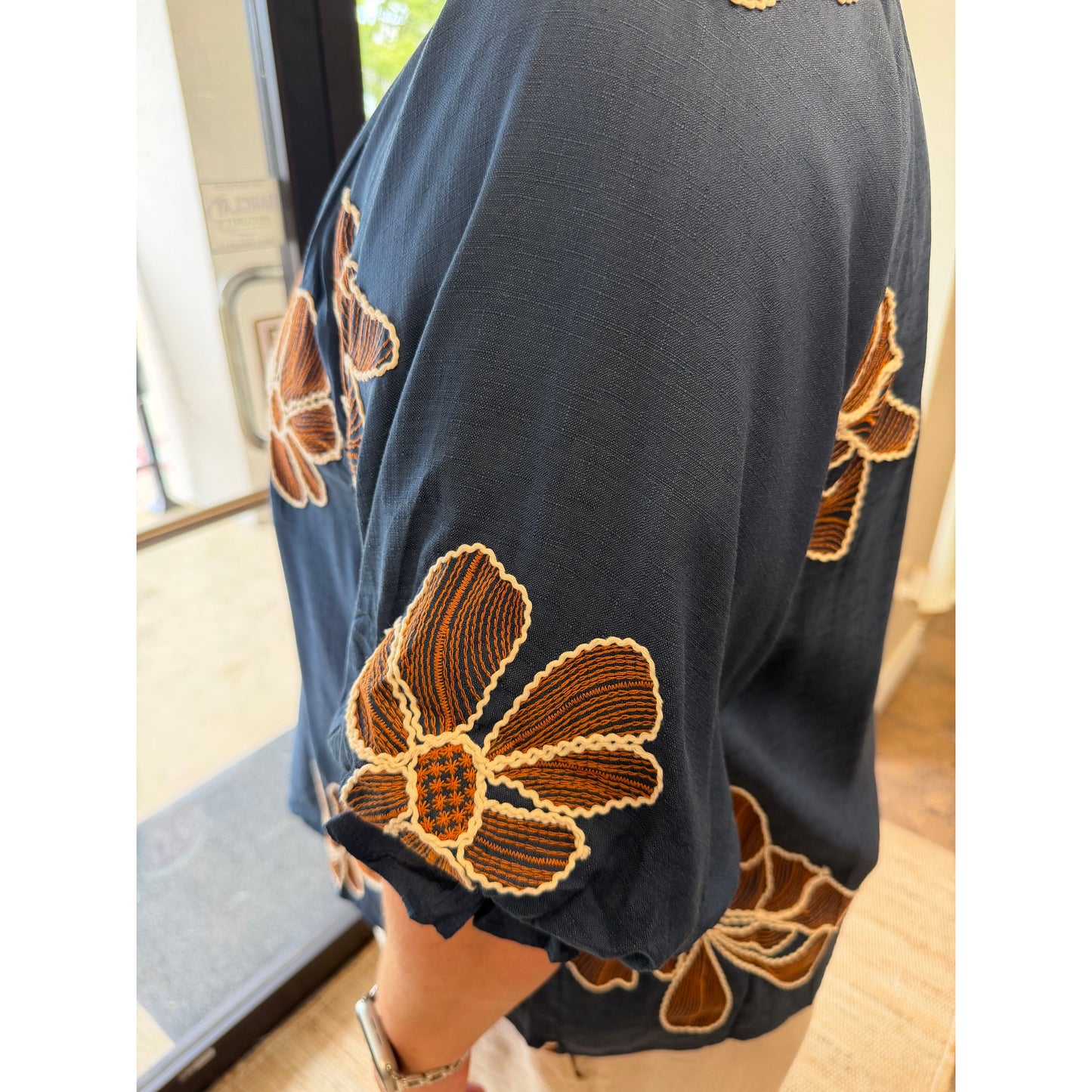Curvy Floral Embroidered V-Neck Relaxed Top - Denim