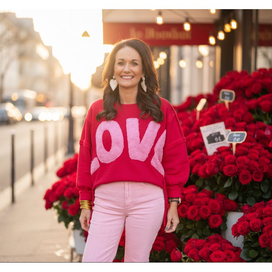 Woman wearing a red 'LOVE' sweater and pink pants standing outdoors.