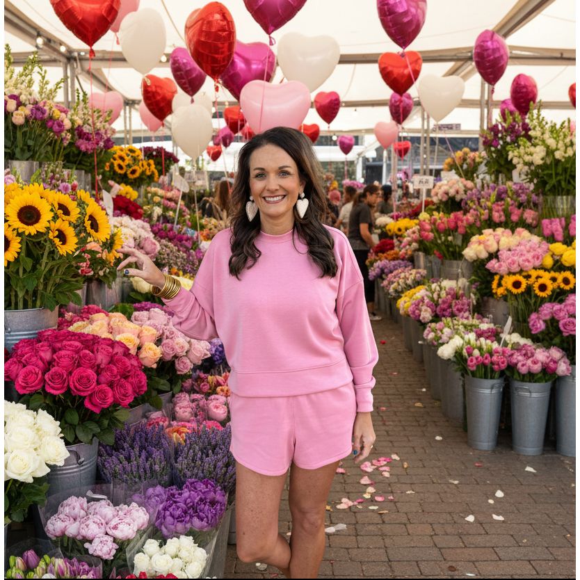 Woman in pink sweatshirt and shorts standing  in a flower market. 