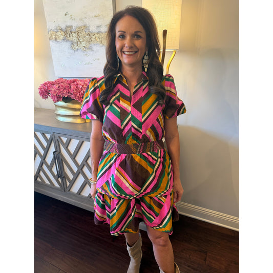 Geometric Multi-Stripe Smocked Mini Dress