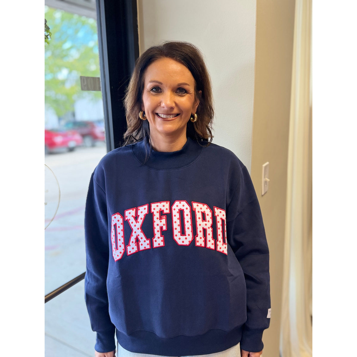 Navy Oxford Polka-Dot Mockneck Sweatshirt