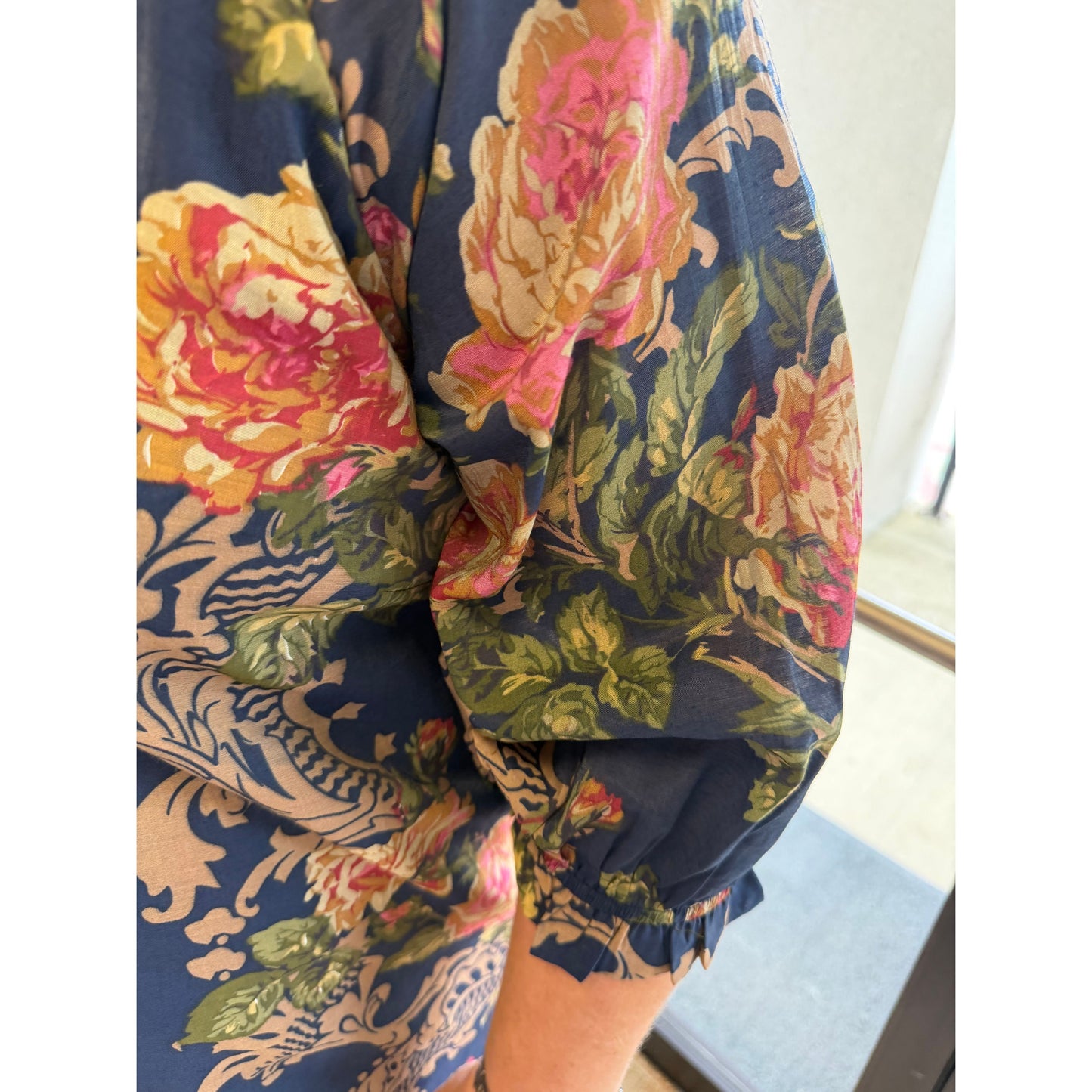 Curvy Floral Ruffle Neck Blouse - Navy