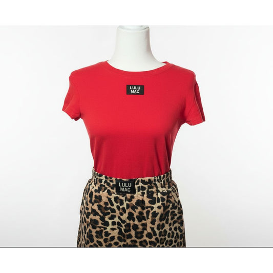 Red sweatshirt with 'Lulu Mac' label on a mannequin against a neutral background