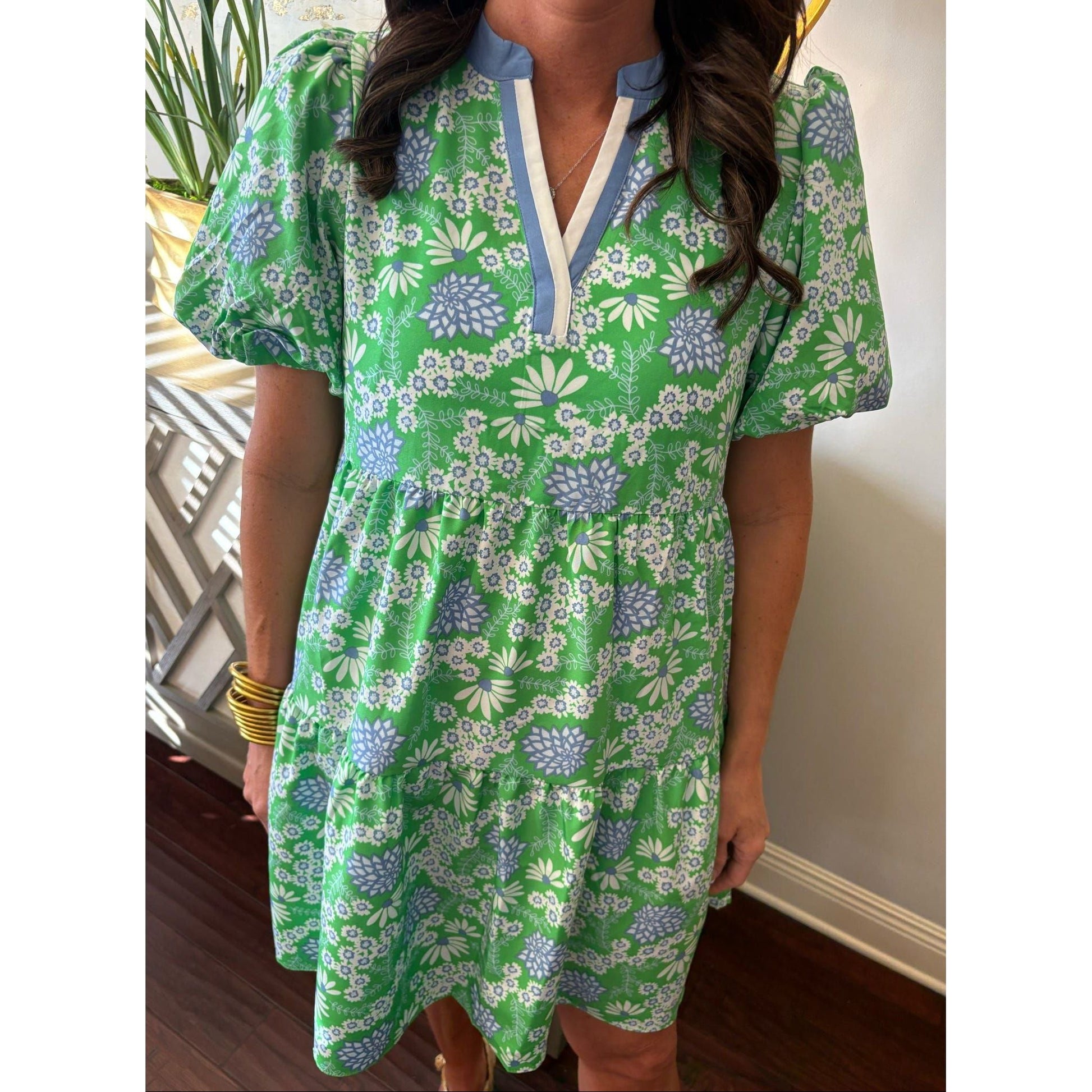 Woman wearing a green floral dress indoors with a plant in the background