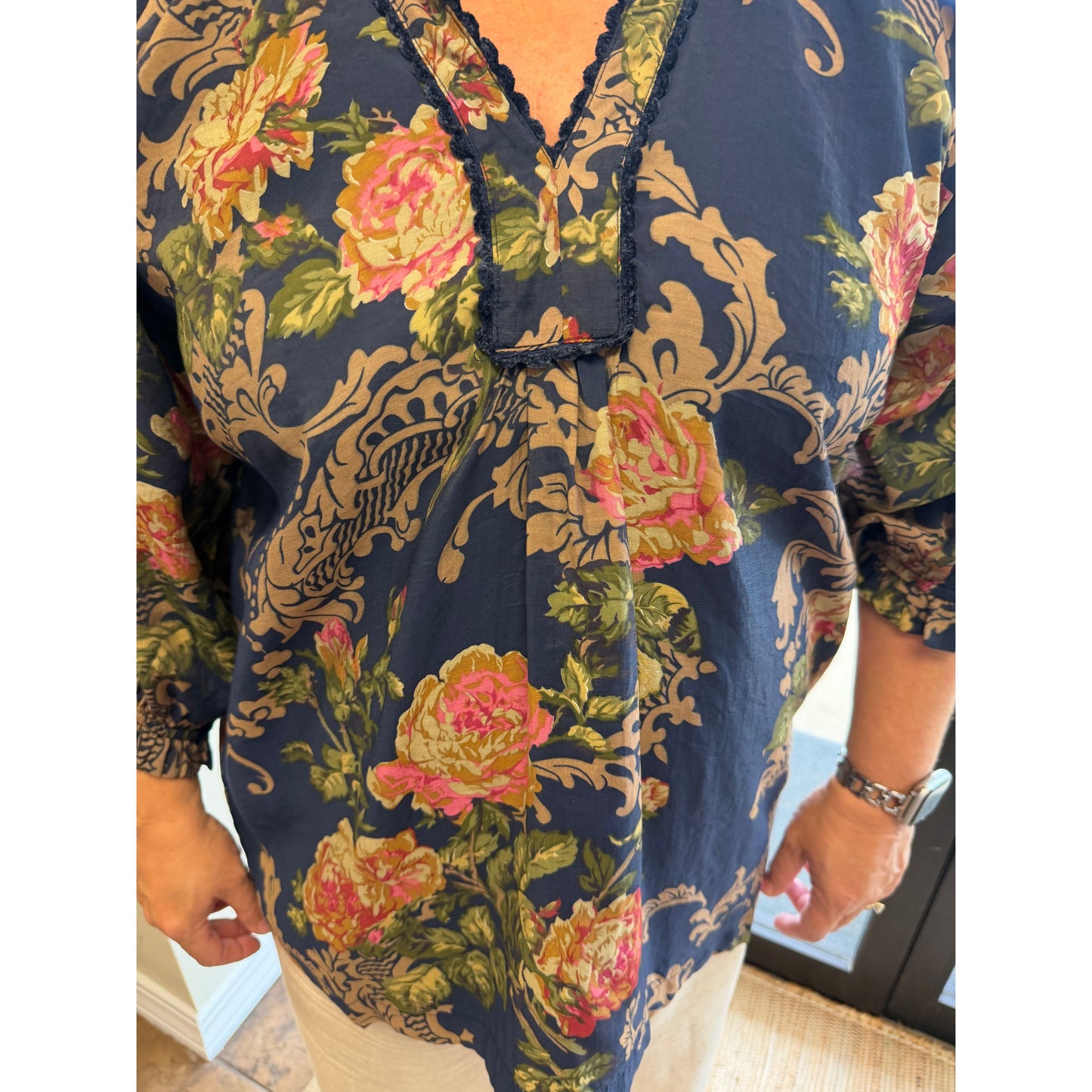 Curvy Floral Ruffle Neck Blouse - Navy