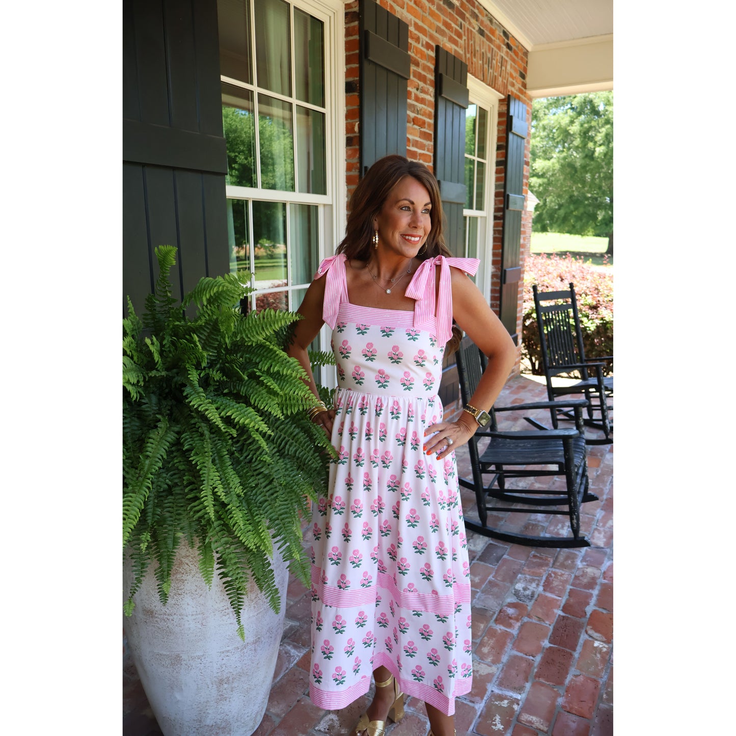 Floral Print Midi Dress with Tie Shoulder Straps - Pink