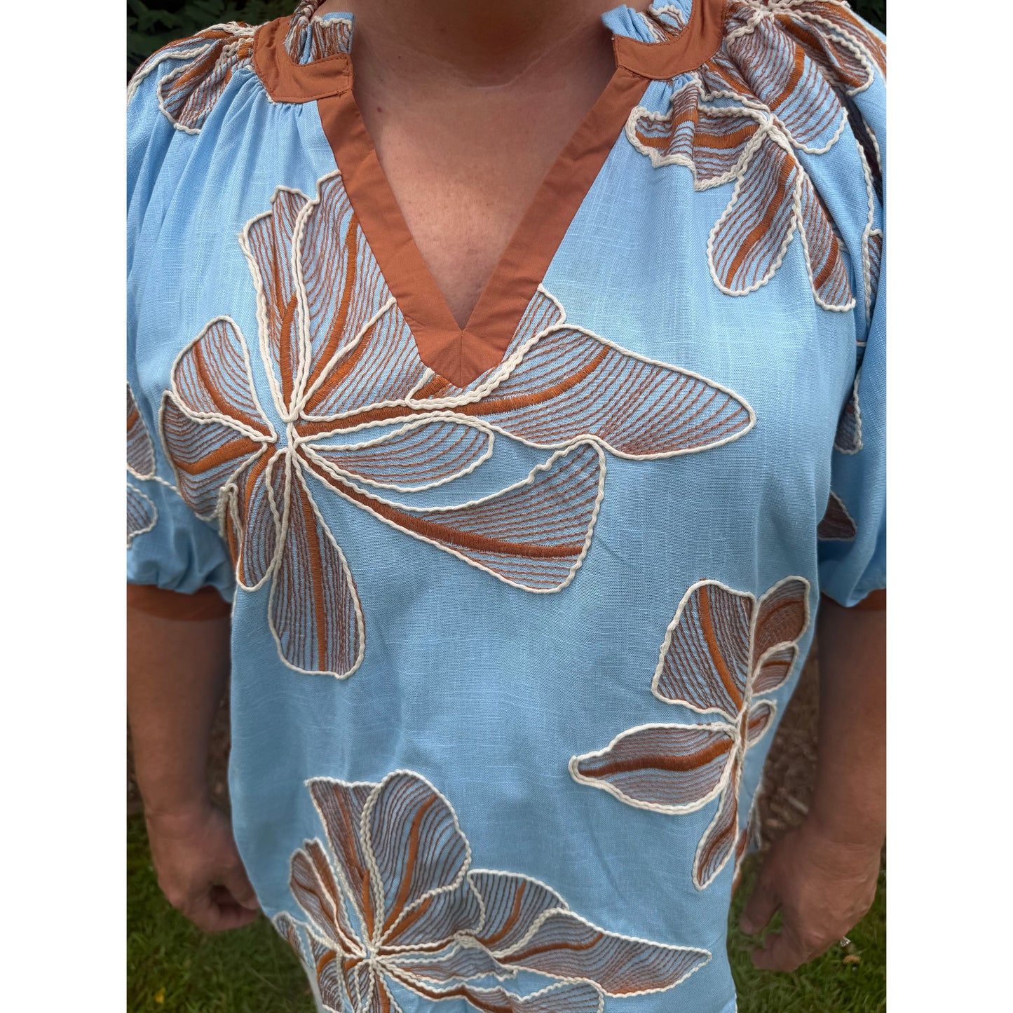 Curvy Light Blue Embroidered V-Neck Top