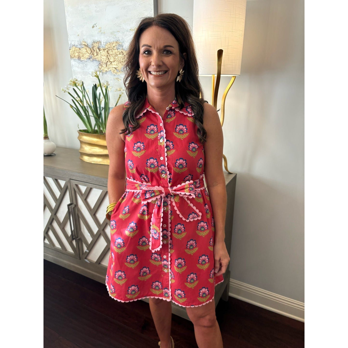 Floral Print Scalloped Trim Mini Dress - Berry