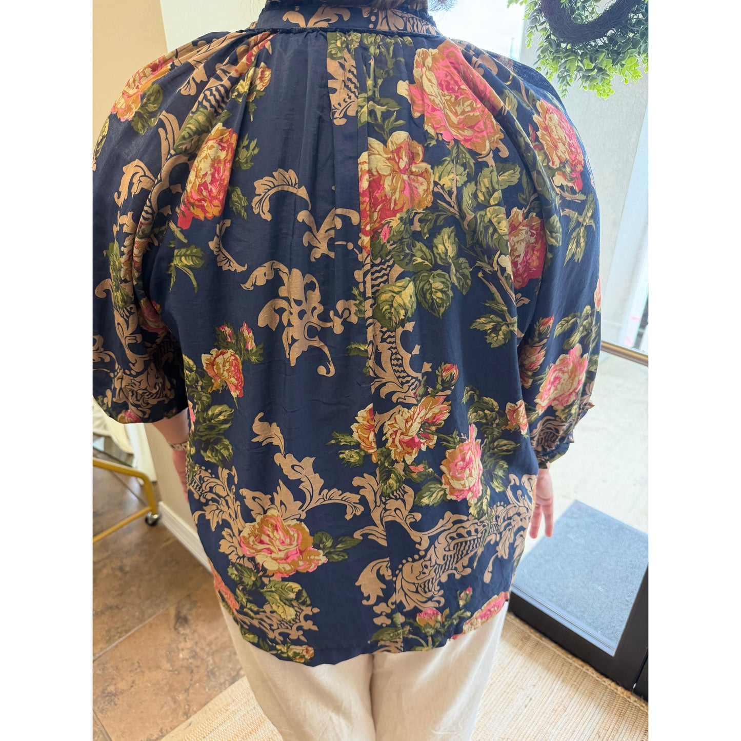 Curvy Floral Ruffle Neck Blouse - Navy