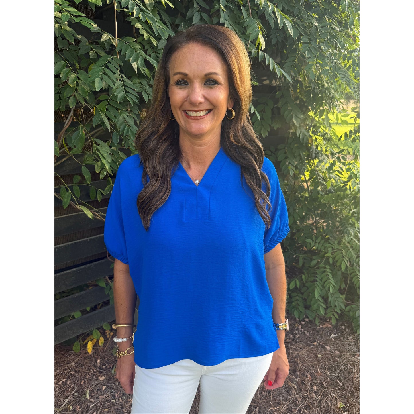 Blue Split Neck Dolman Top