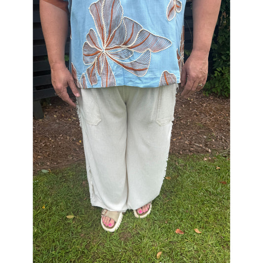 Curvy Oatmeal Linen Frayed Side Pocket Wide Leg Pants