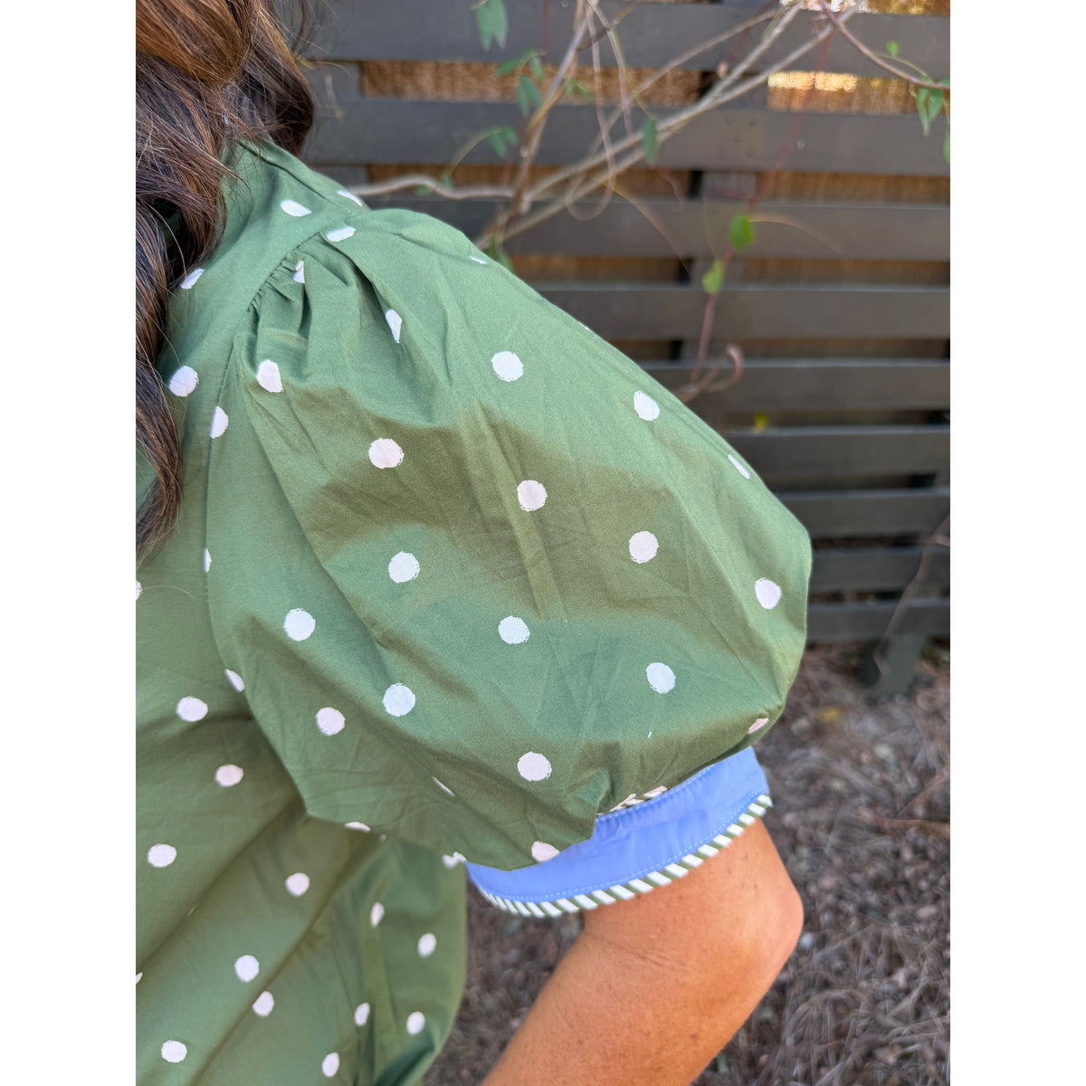 Olive Polka Dot Puff Sleeve Top