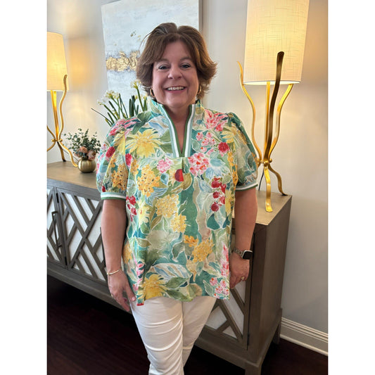 Curvy Jacquard Bloomscape Print Top