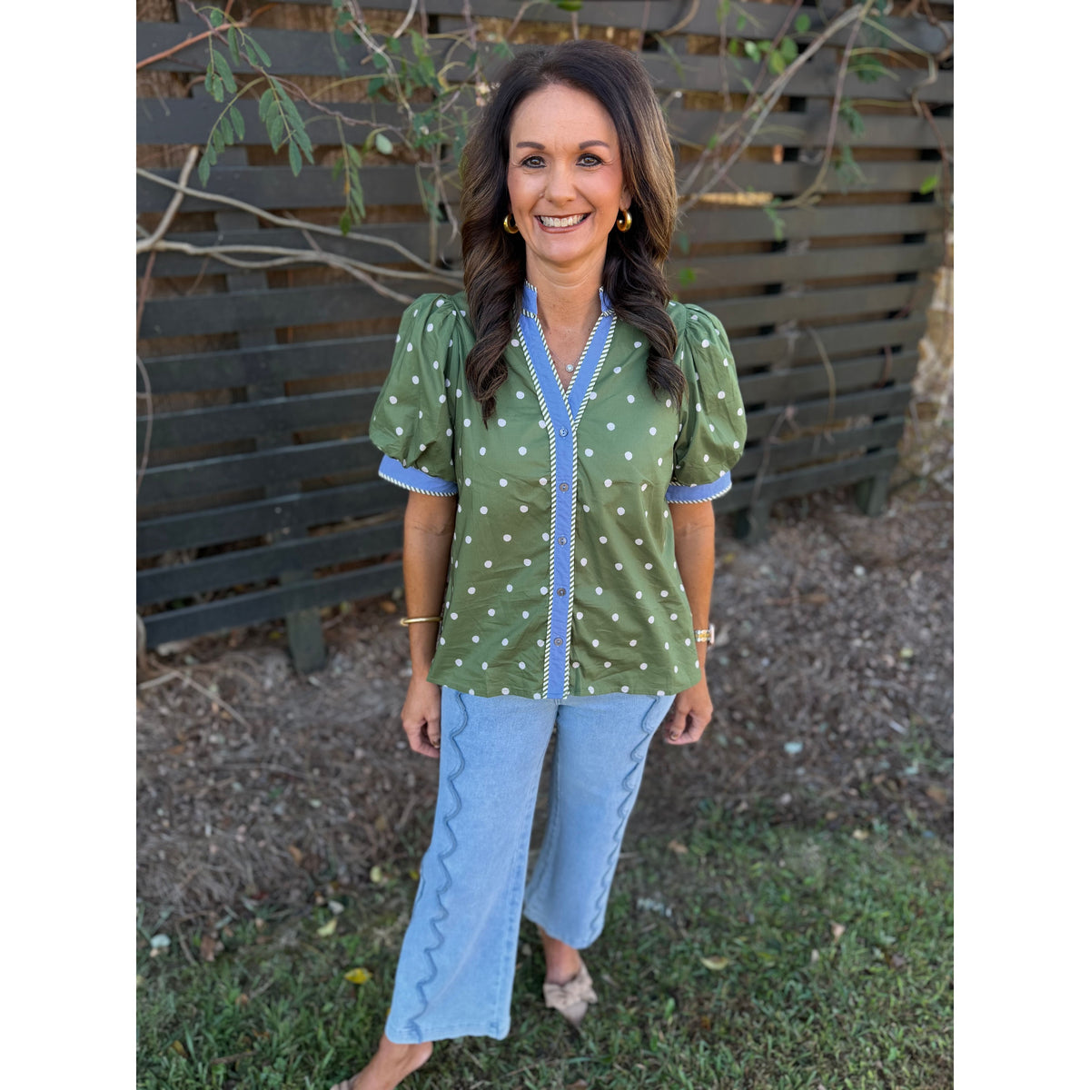 Olive Polka Dot Puff Sleeve Top