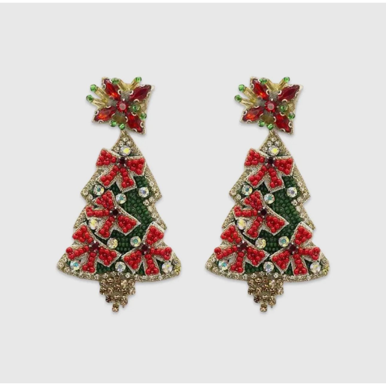 Green and Red Ribbon Christmas Tree Earrings