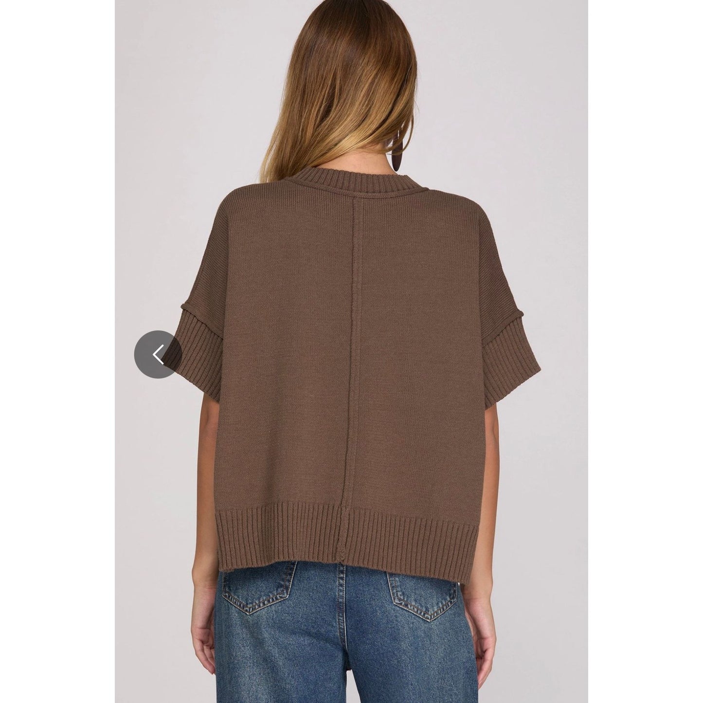 Drop Half-Sleeve Crew Neck Sweater Top - Brown