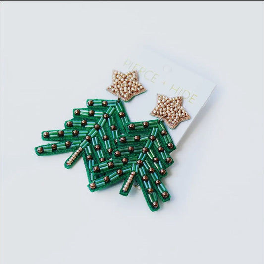 Custom Beaded Green Boho Christmas Tree Earrings