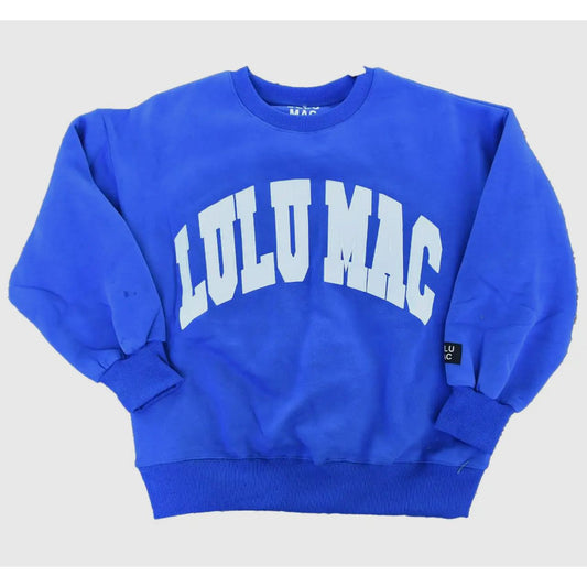 Blue sweatshirt with 'LULU MAC' text on a light gray background